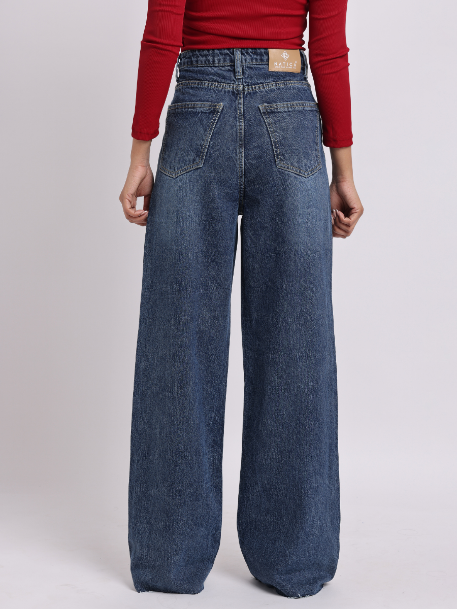 Dark Blue Distressed Rhinestone Wide-Leg Denim Jeans