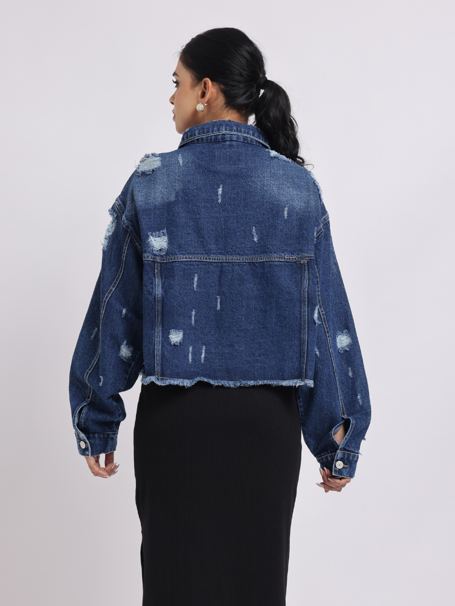 Blue Distressed Cropped Denim Jacket
