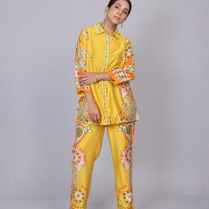 Yellow Silk Co-Ord Set with Floral Print