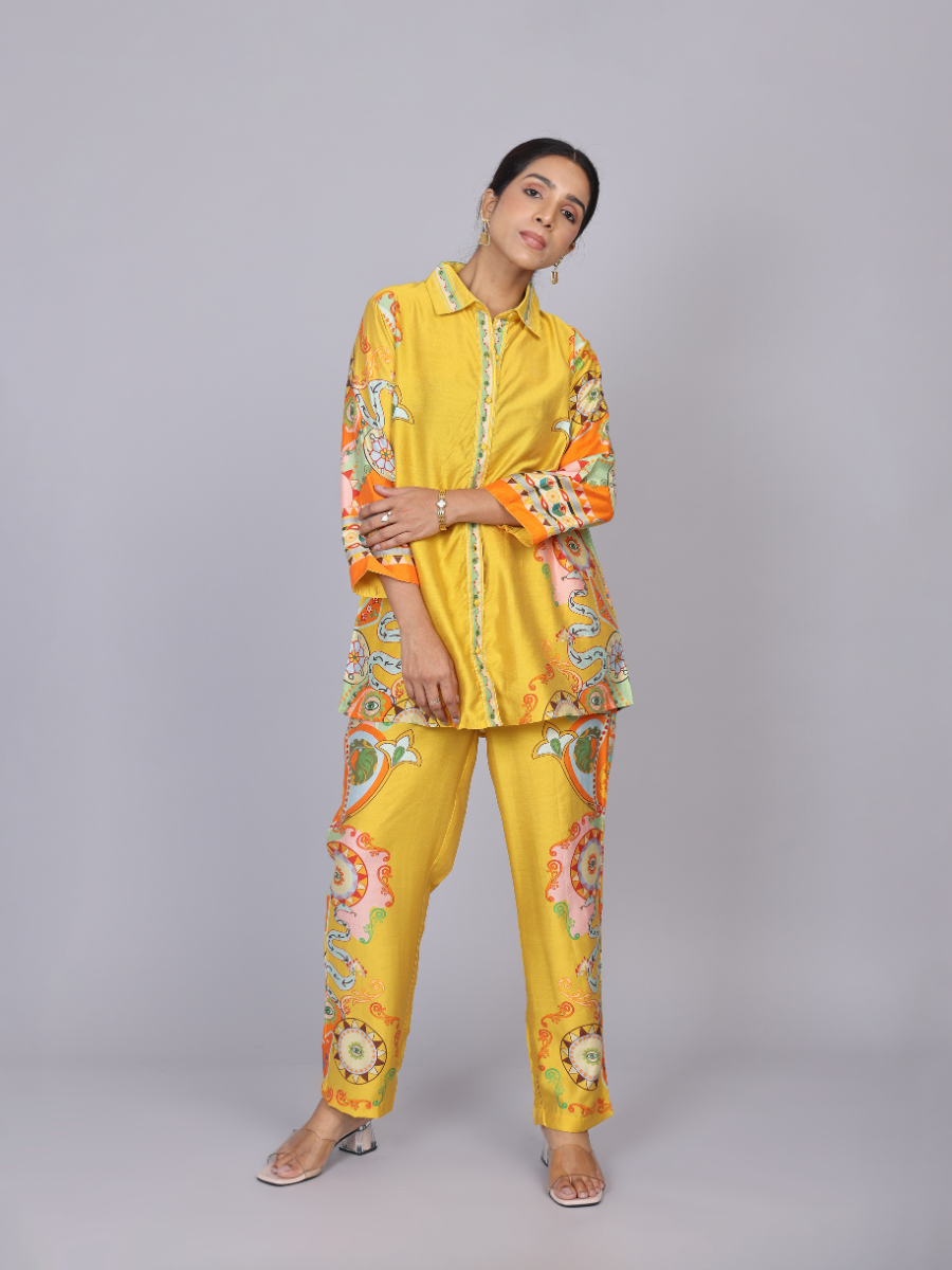 Yellow Silk Co-Ord Set with Floral Print