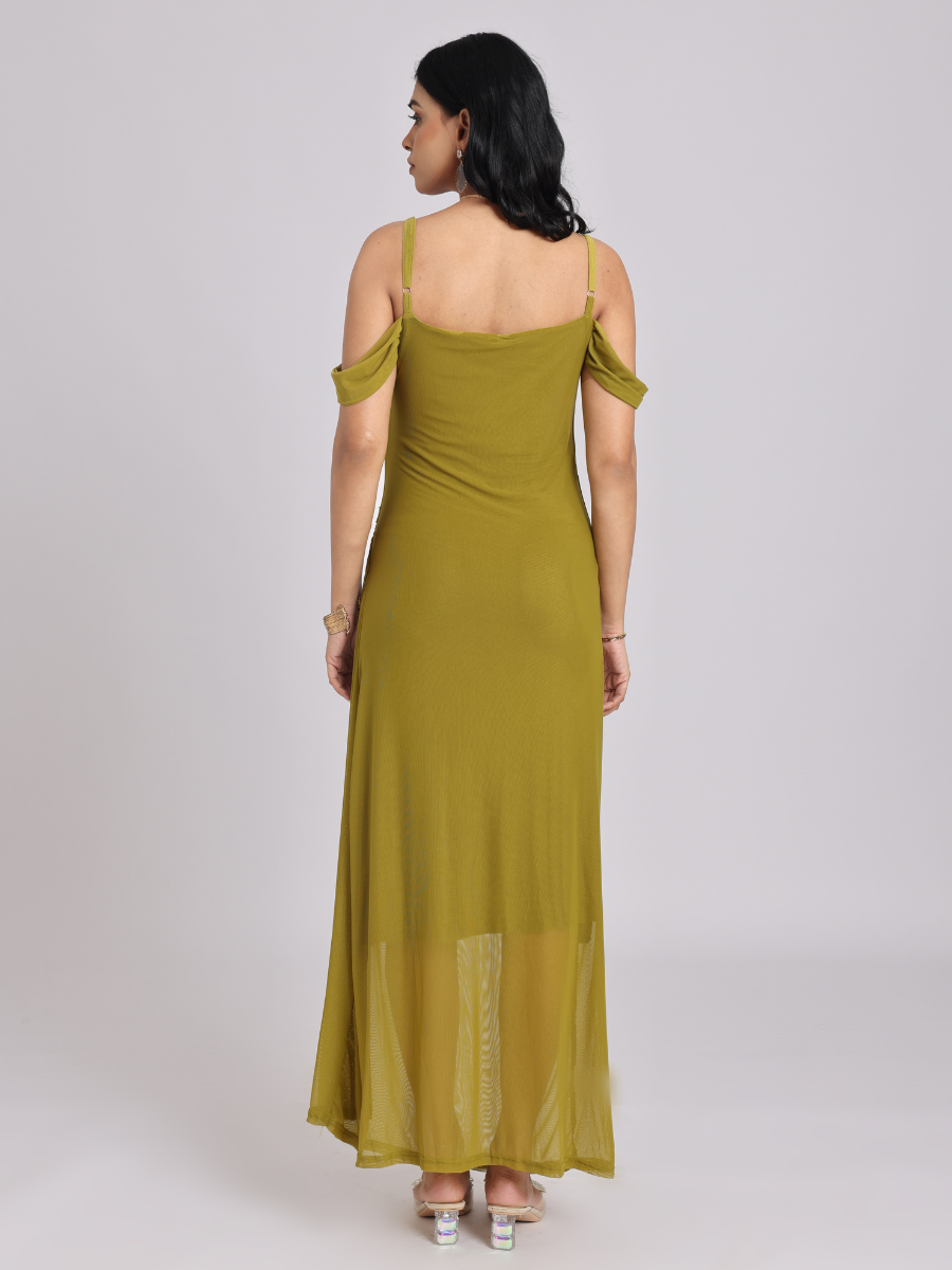 Olive Green Draped Cold-Shoulder Maxi Dress