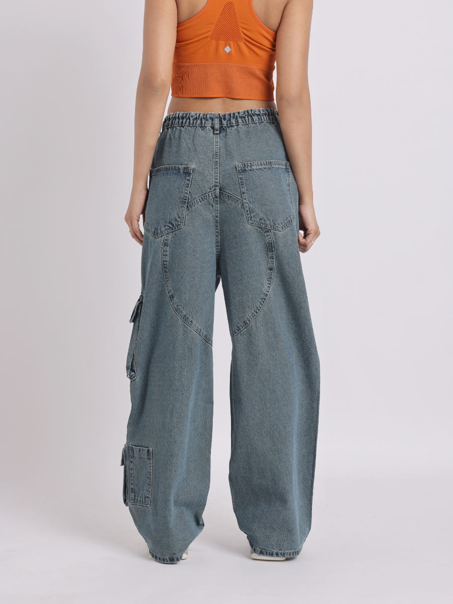 Wide-Leg Cargo Denim Jeans with Adjustable Waist