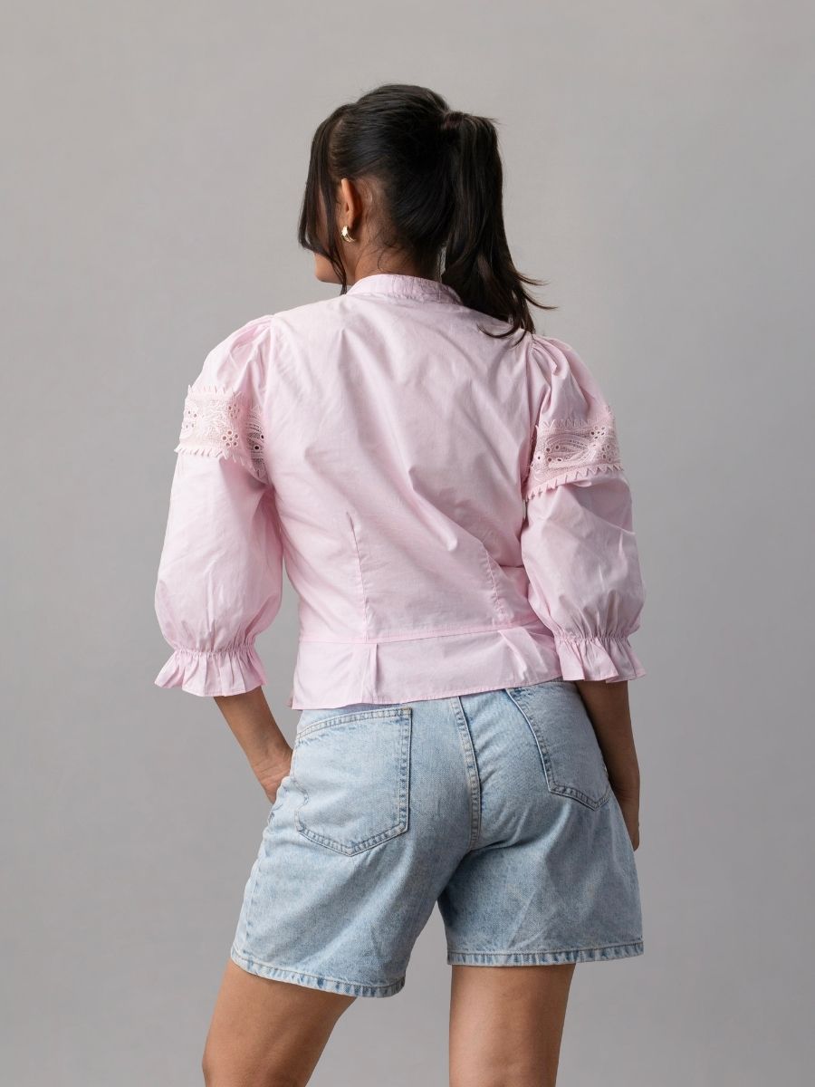 Rose Reverie Pink Lace Victorian Puff Sleeve Top