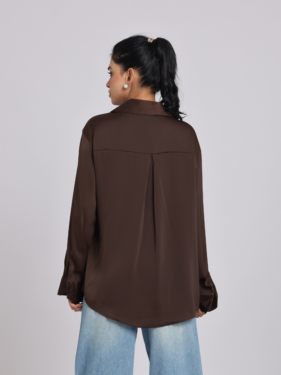 Rich Mocha Satin Long-Sleeve Shirt
