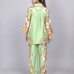 Elegant Green Silk Co-Ord Set with Floral Print
