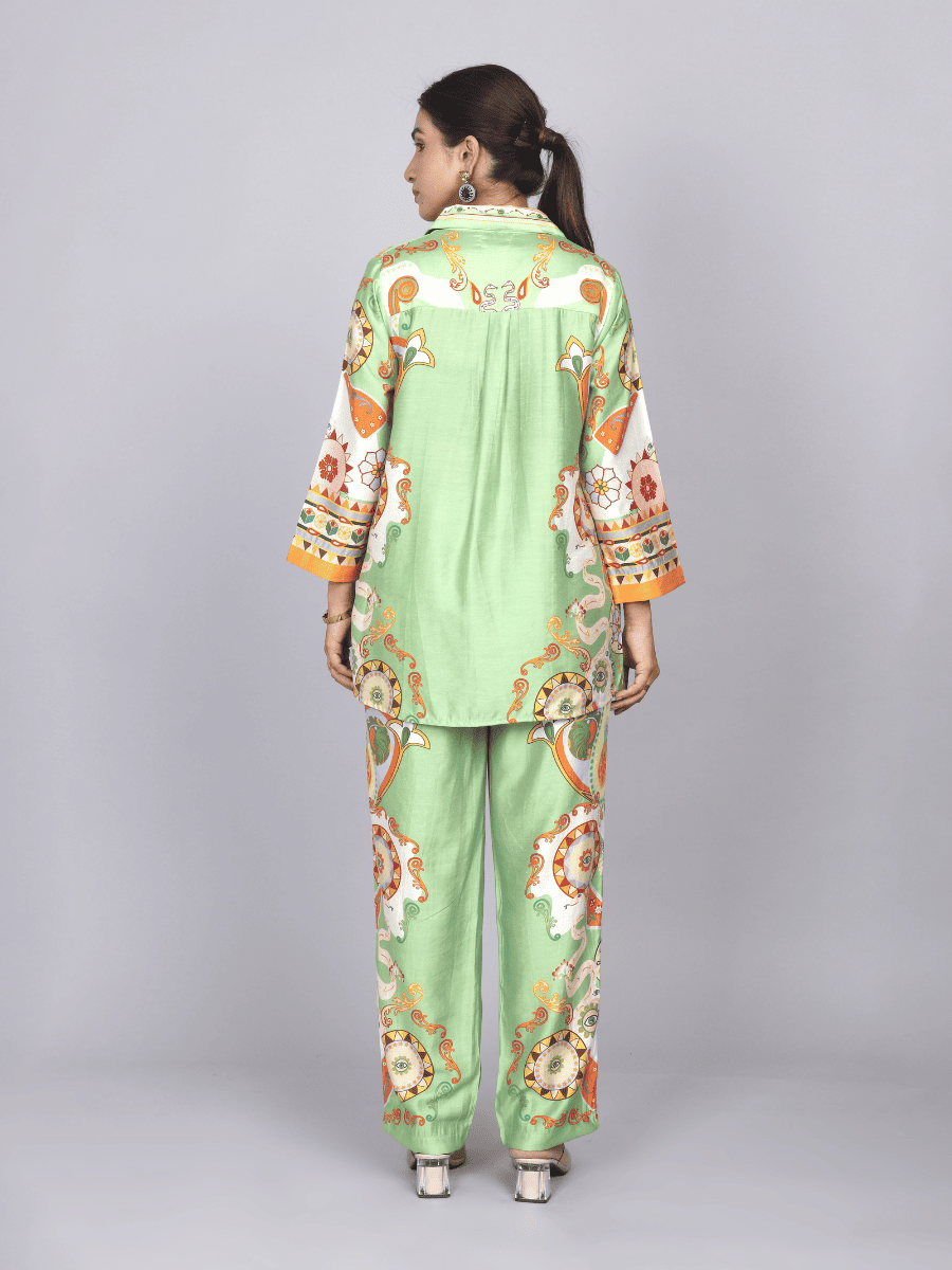 Elegant Green Silk Co-Ord Set with Floral Print