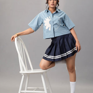Sky Blue Cropped Shirt with Oversized White Appliqué Flower