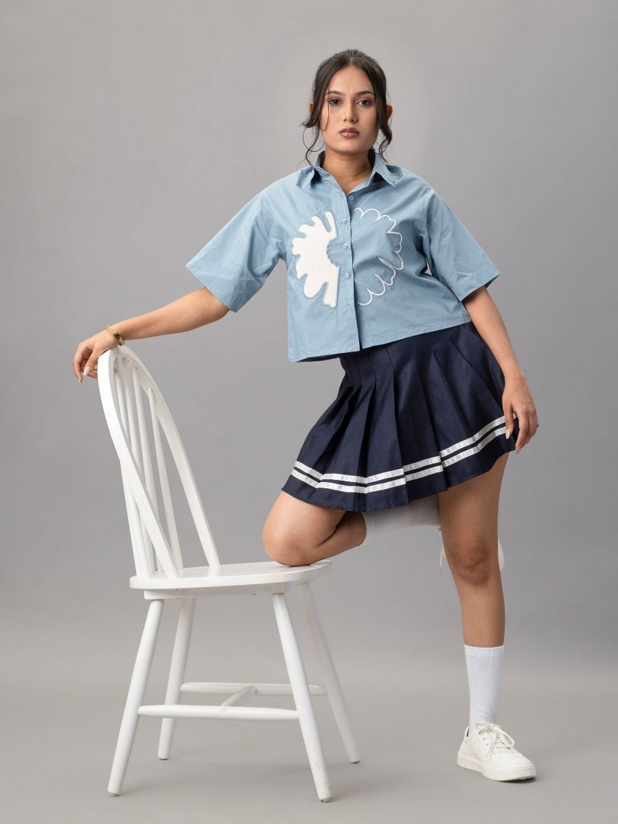 Sky Blue Cropped Shirt with Oversized White Appliqué Flower