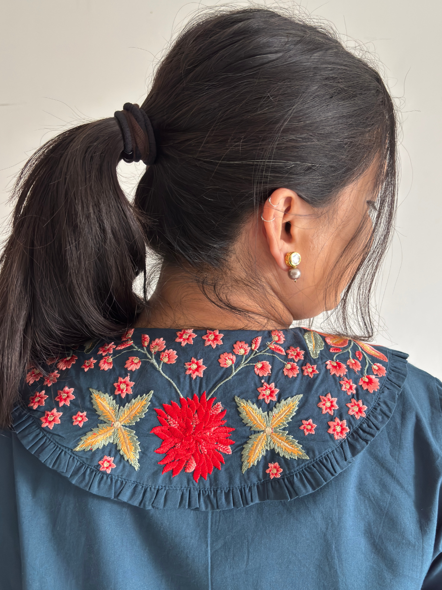 Embroidered Blue Collar Dress
