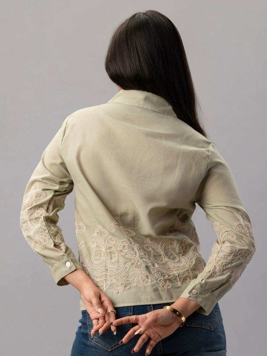 Olive Green Embroidered Button-Down Shirt