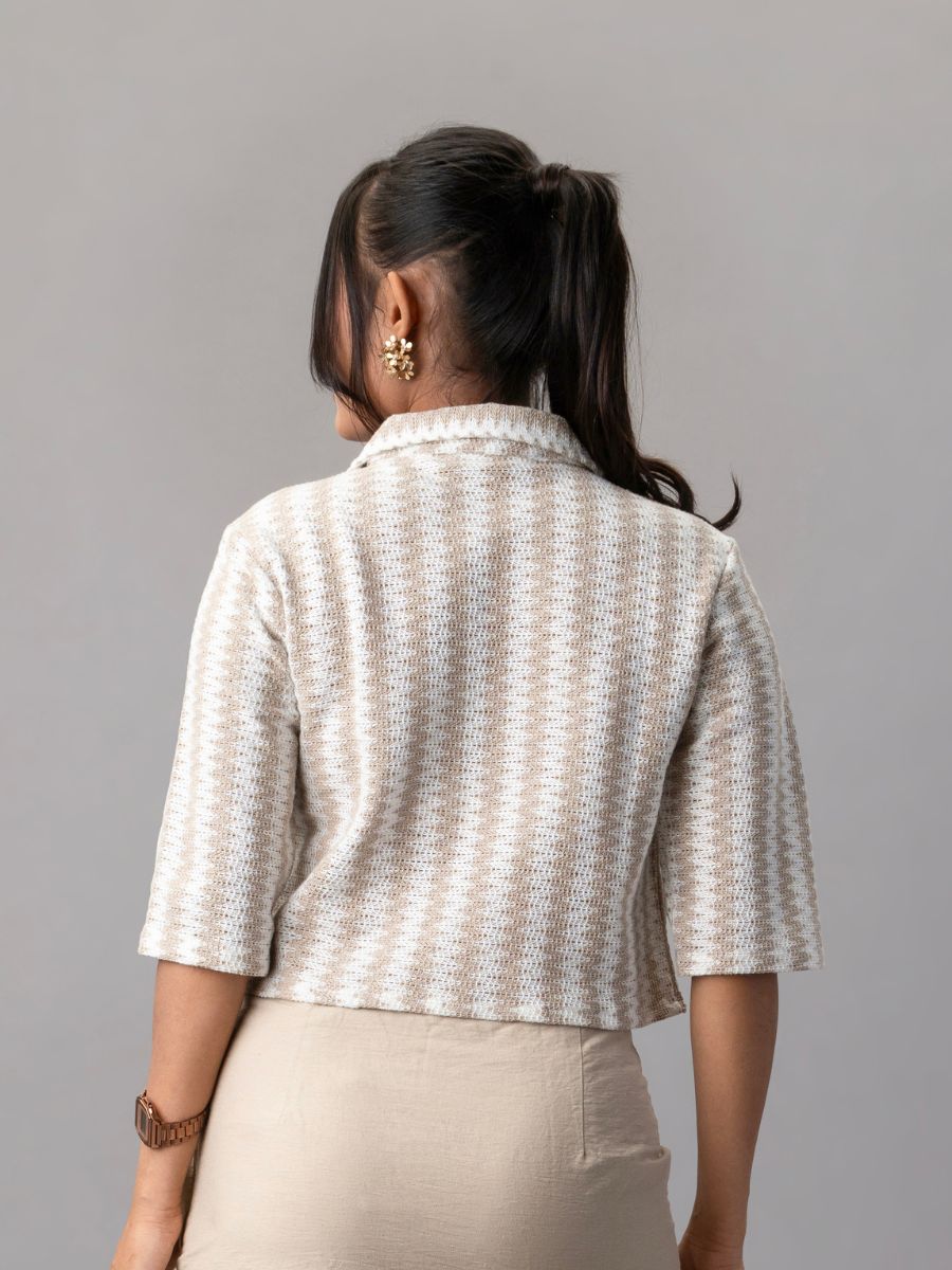 Beige Houndstooth Knit Crop Shirt