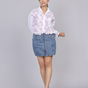 Lilac Lace Patch Cotton Shirt with Drawstring Hem