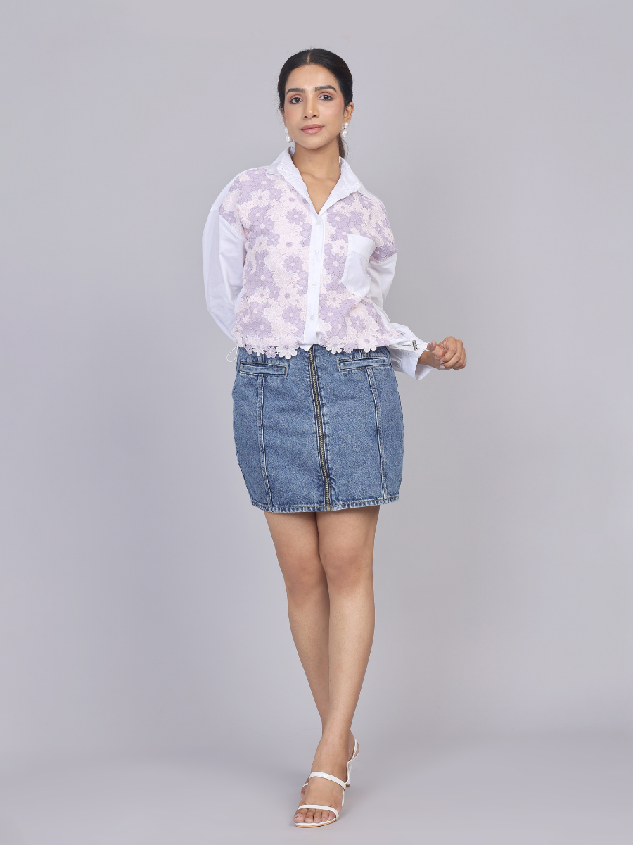 Lilac Lace Patch Cotton Shirt with Drawstring Hem
