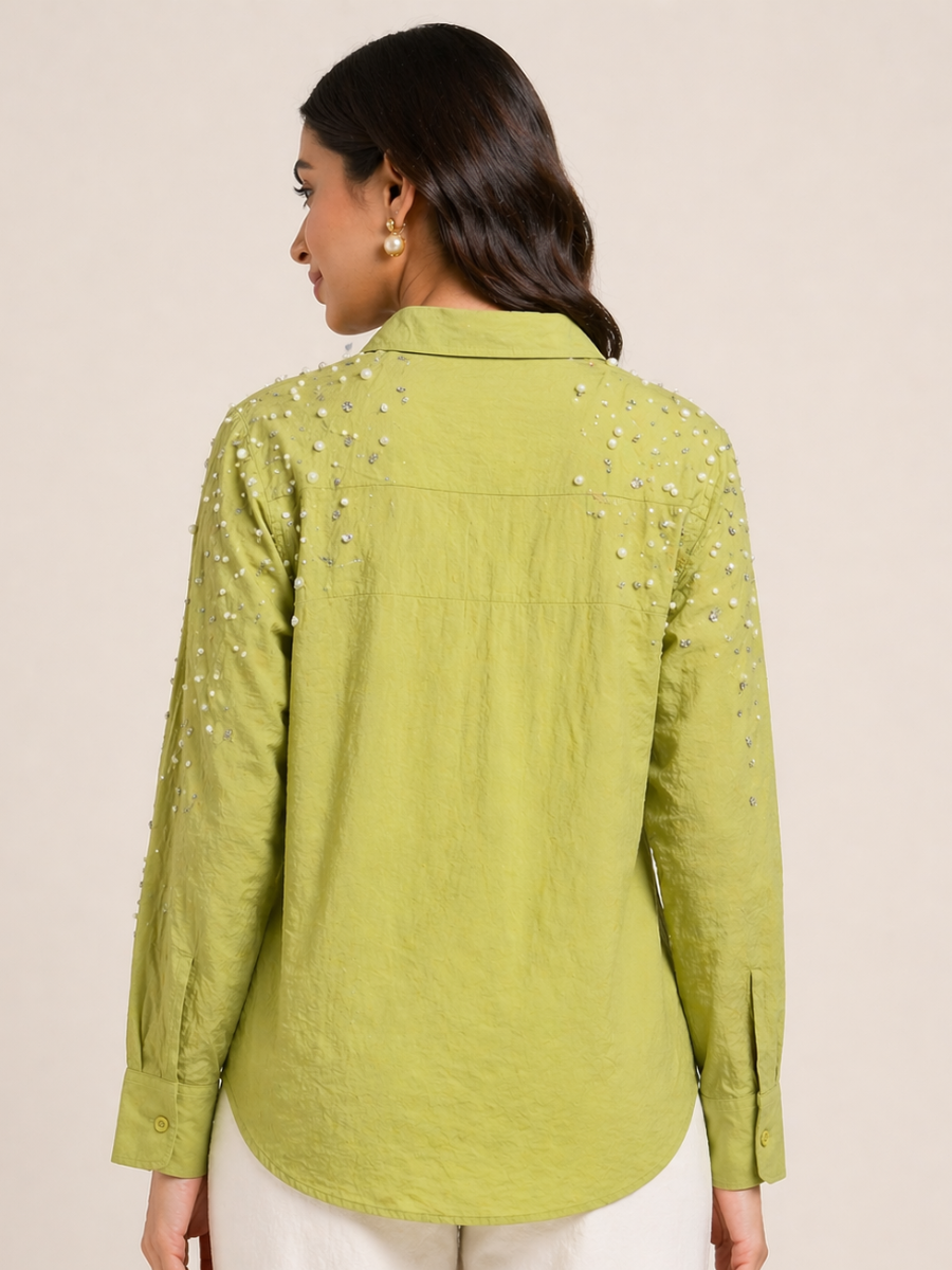Olive Green Fit Pearl & Diamond-Embellished Shirt