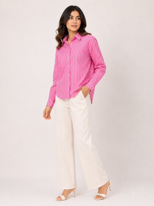 Pink Pop Striped Relaxed-Fit Cotton Shirt