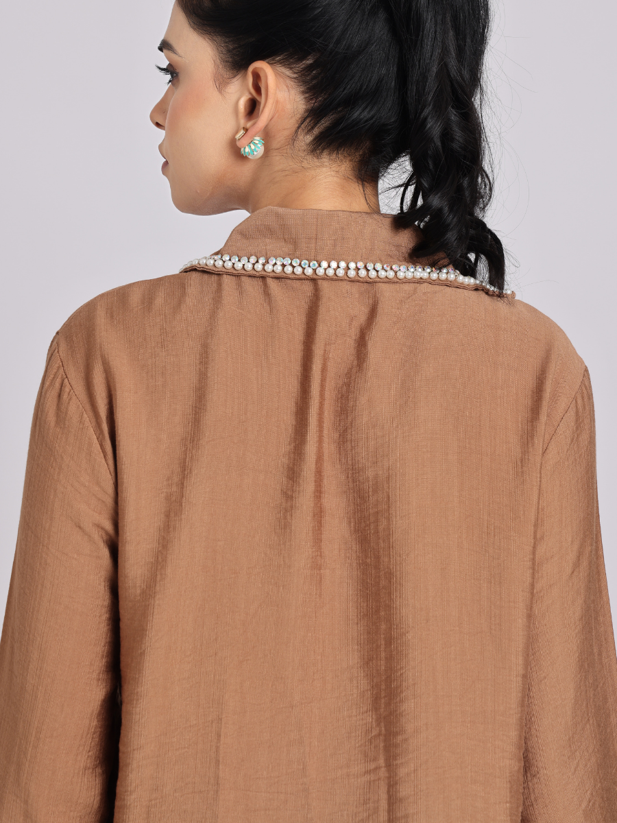 Elegant Rust Brown Pearl - Trim Shirt