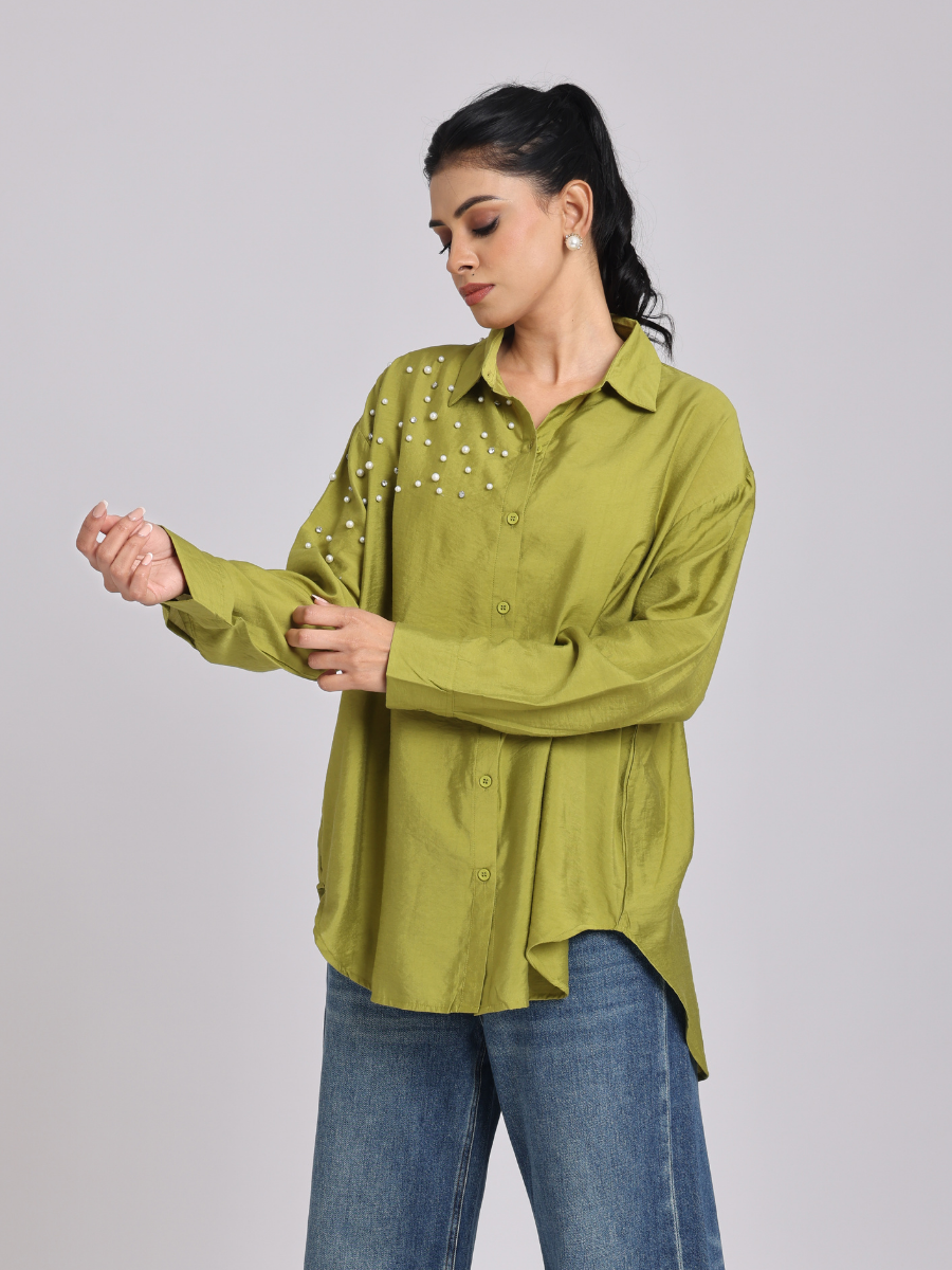 Olive Green Oversized Pearl & Diamond Embellished Shirt