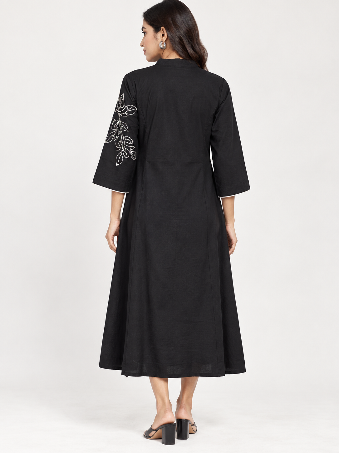 Black Embroidered Cotton A-Line Midi Dress