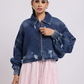 Dark Blue Distressed Denim Jacket with Zip Closure