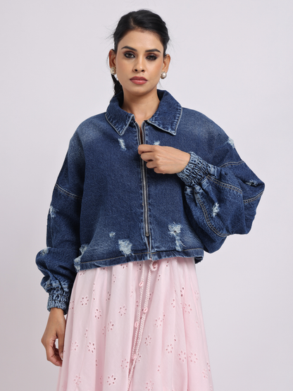 Dark Blue Distressed Denim Jacket with Zip Closure