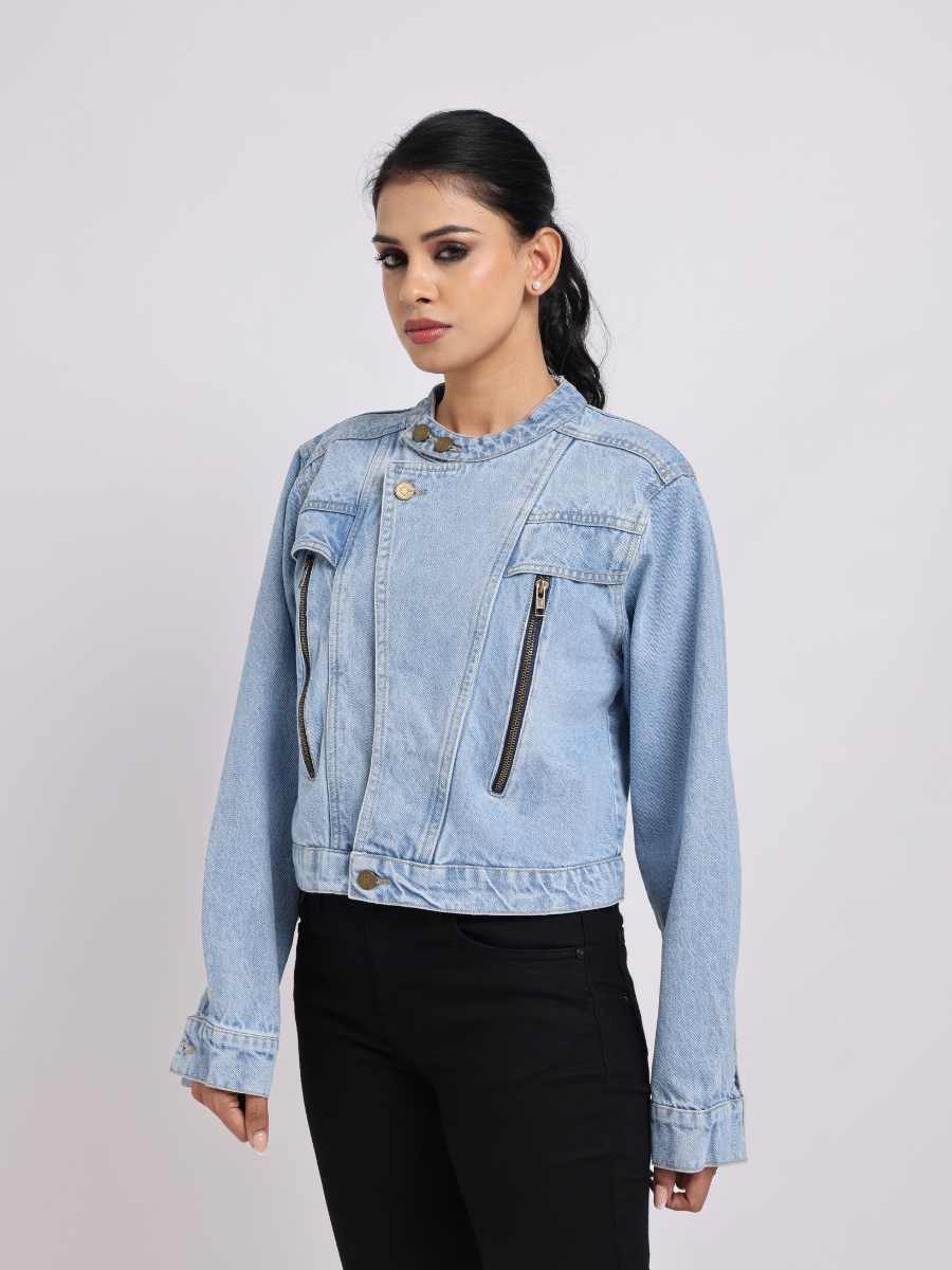 Light Blue Cropped Denim Jacket with Zip Detail
