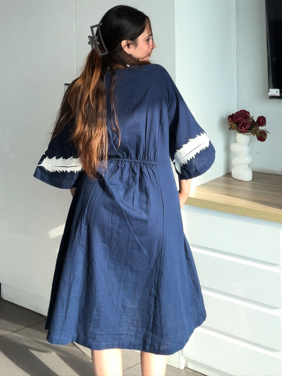 Midnight Blue Embroidered Flared Dress