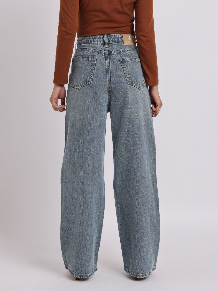 Vintage Blue Pearl Bow Straight-Fit Denim Jeans