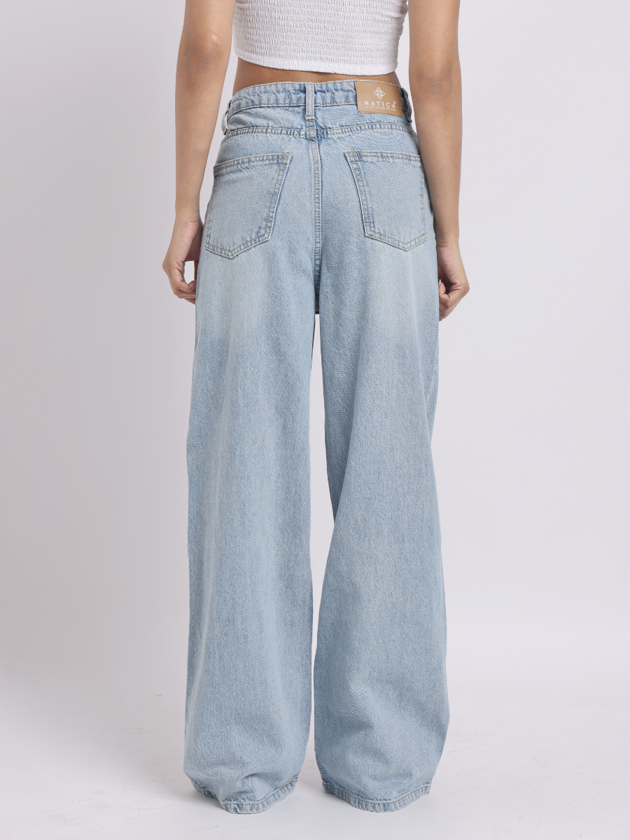 Light Blue Pearl-Embellished Wide-Leg Denim Jeans