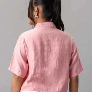 Pink Cropped Shirt with Black Floral Outline Embroidery