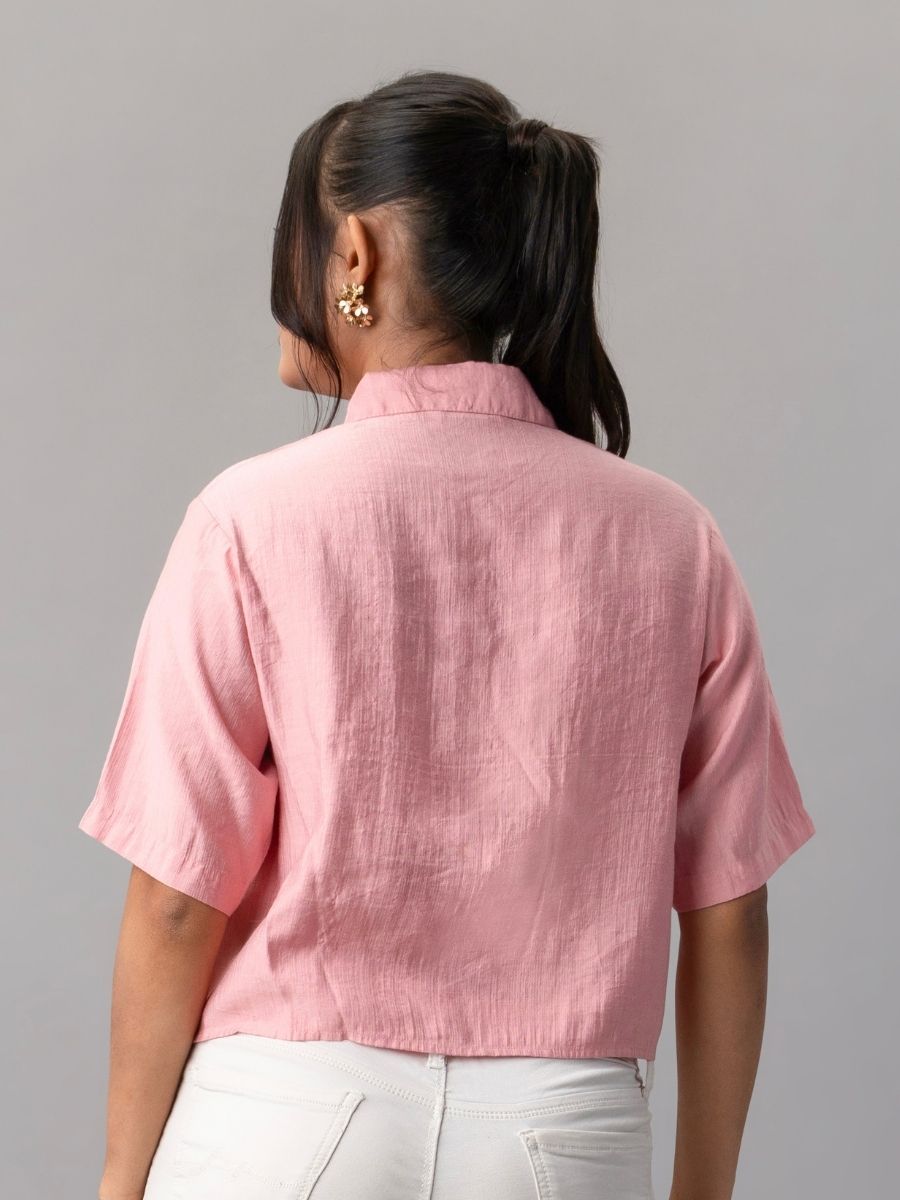 Pink Cropped Shirt with Black Floral Outline Embroidery