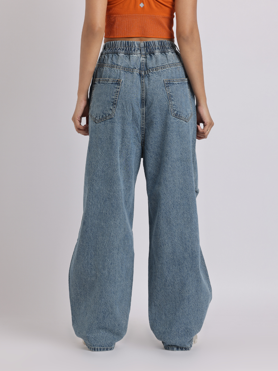 High-Waist Elasticated Wide-Leg Denim Jeans