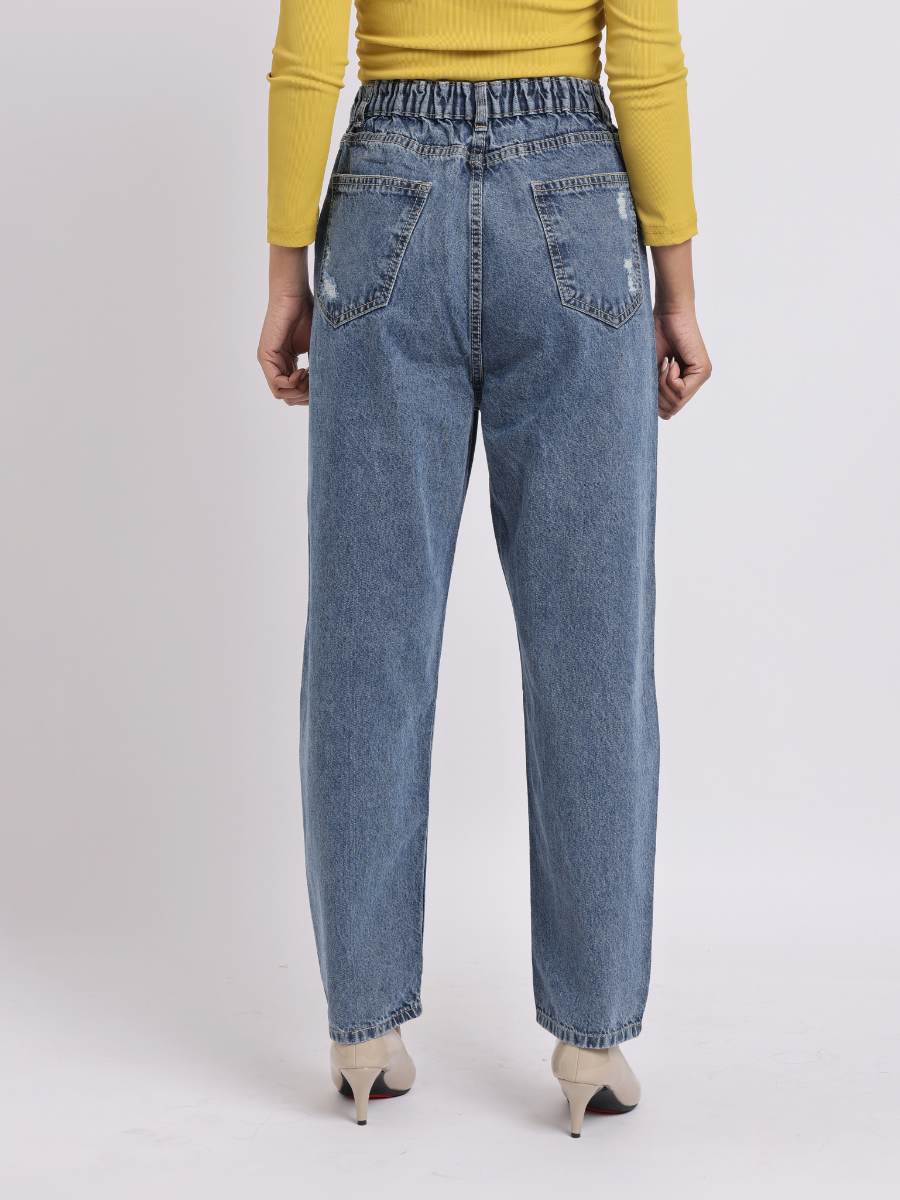 Dark Blue Pearl Embellished Distressed Jeans