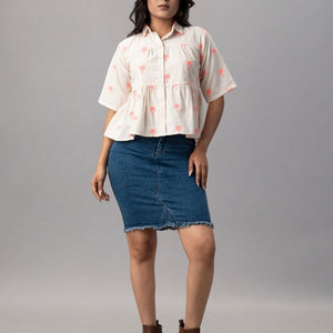 Palm Breeze Peplum Cotton Shirt - Pink