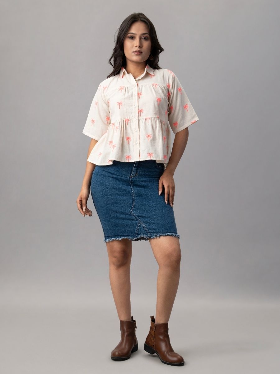 Palm Breeze Peplum Cotton Shirt - Pink