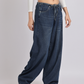 Dark Blue Drawstring Waist Wide-Leg Denim Jeans
