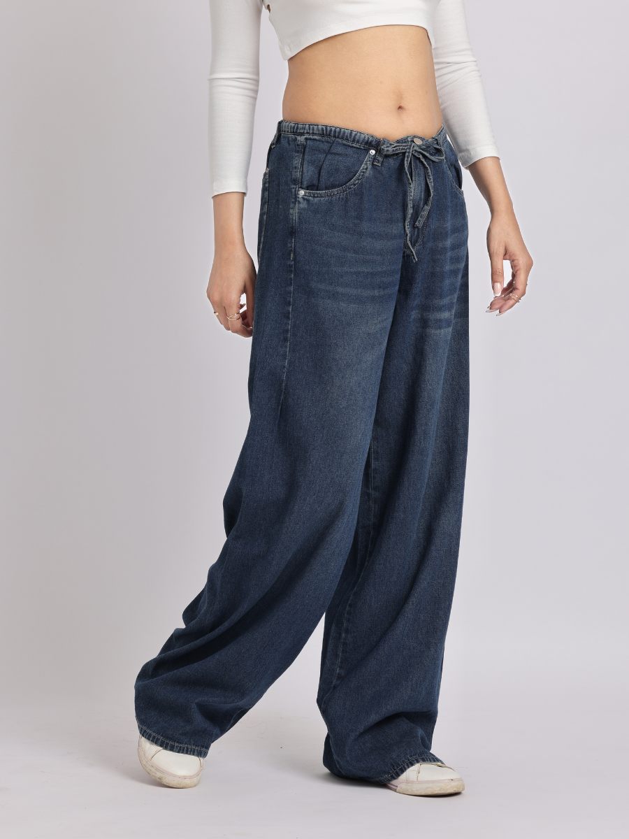 Dark Blue Drawstring Waist Wide-Leg Denim Jeans