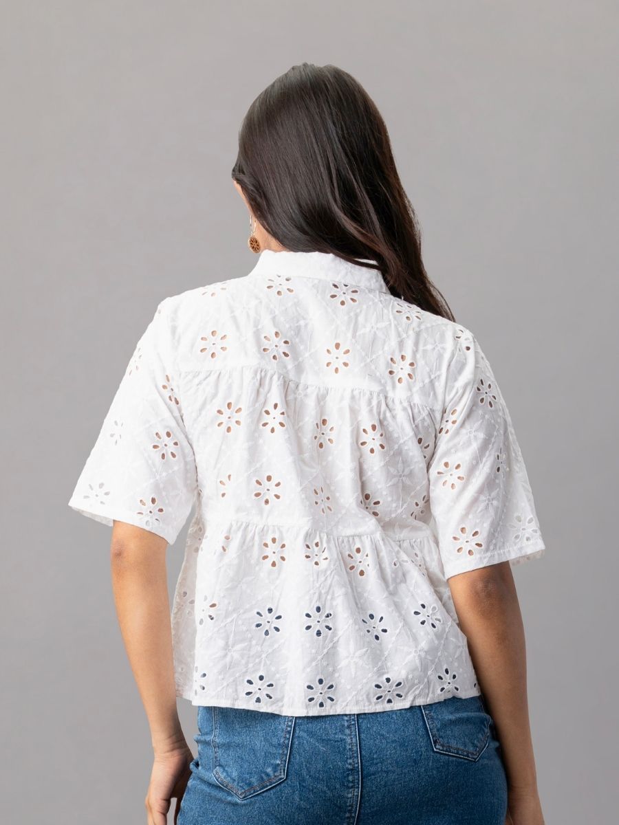 White Eyelet Embroidered Peplum Shirt