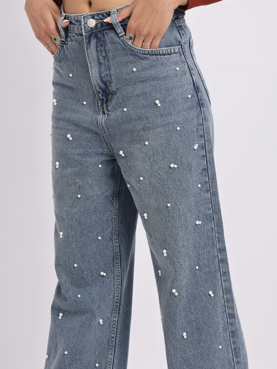 Mid-Rise Pearl-Studded Blue Denim Jeans
