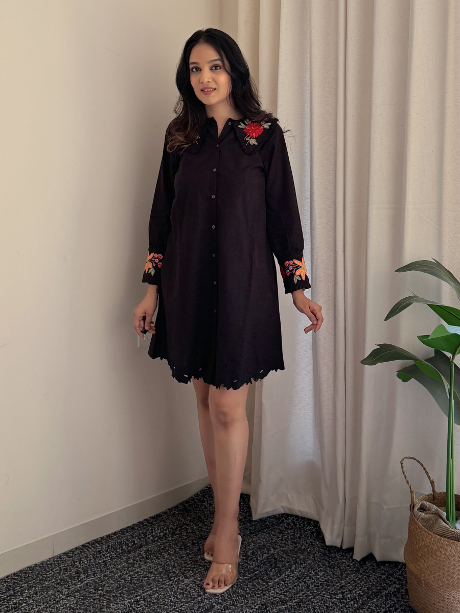 Embroidered Black Collar Dress