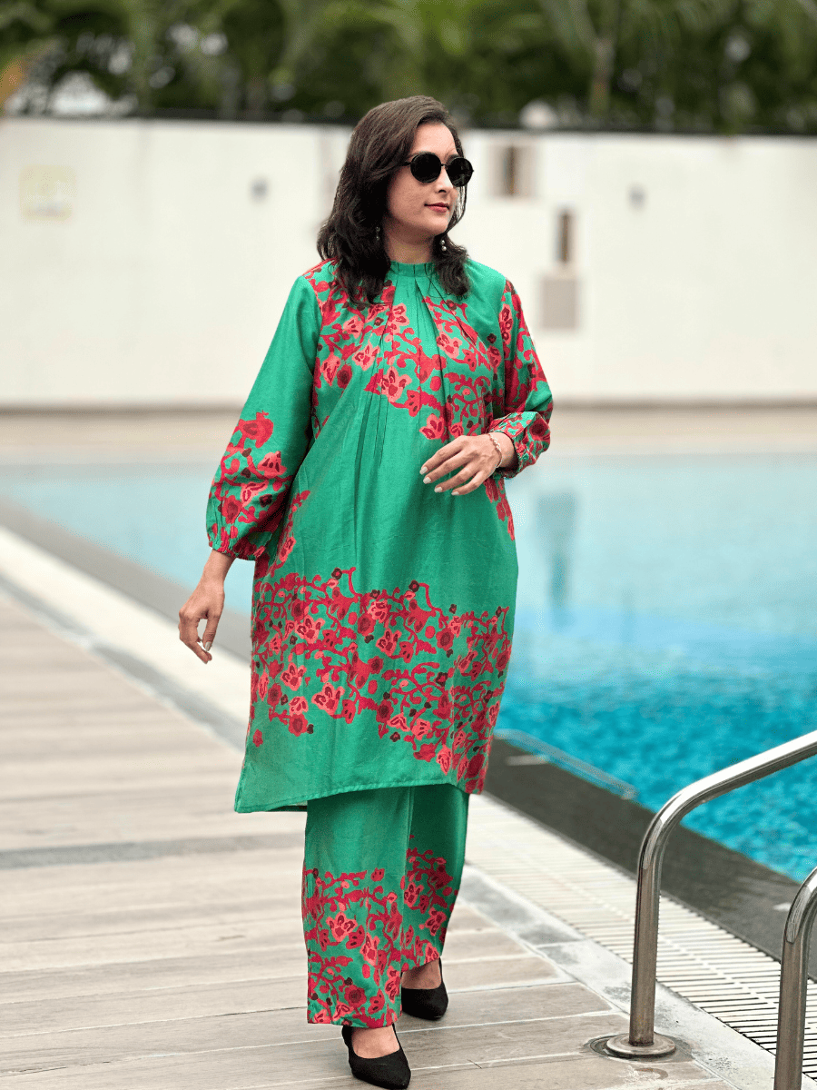 Green Silk Print Co-Ords Set