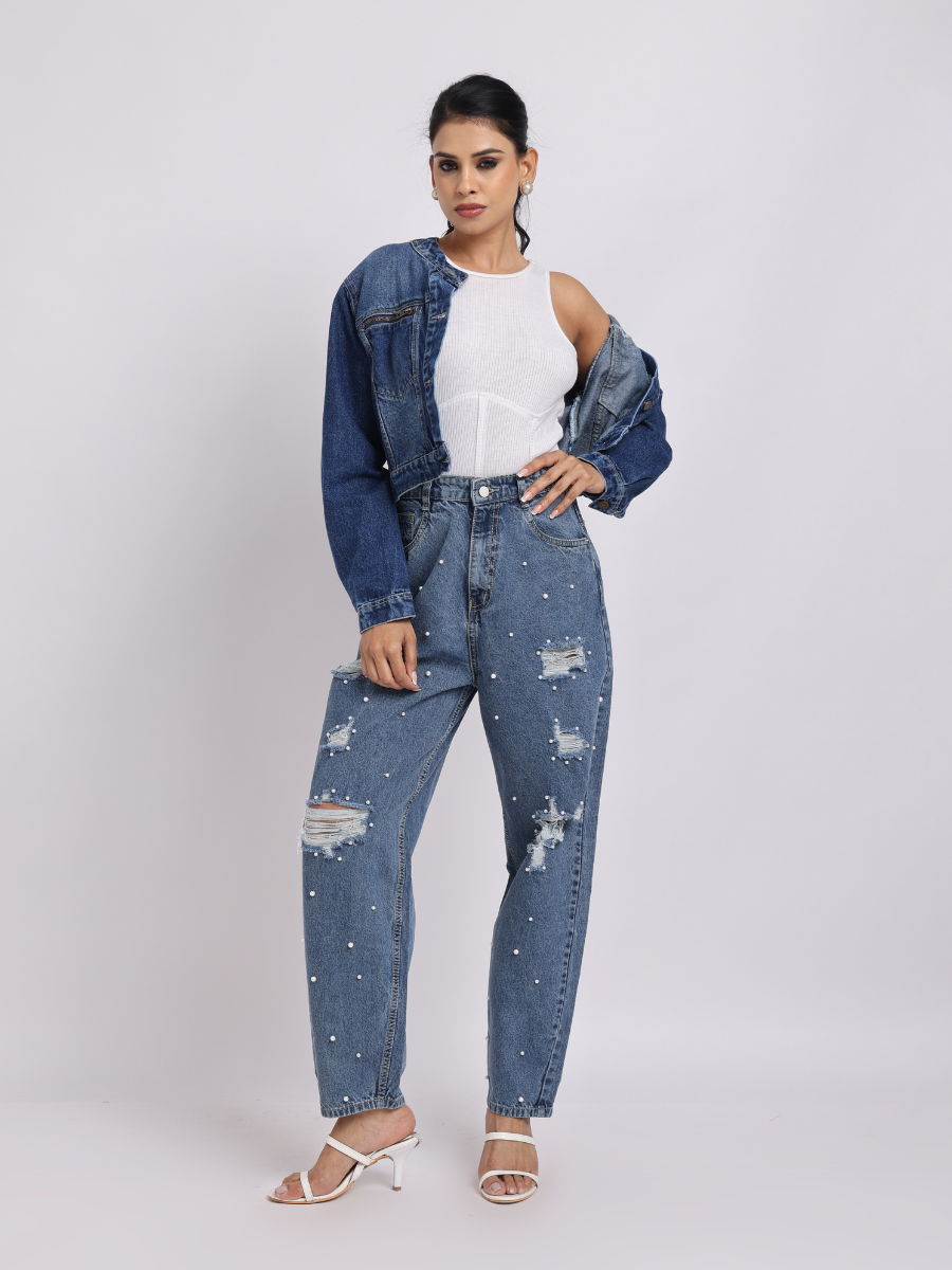 Blue Denim Jacket | Cropped Fit with Front Zipper Detail