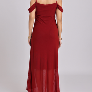 Maroon Red Draped Cold-Shoulder Maxi Dress