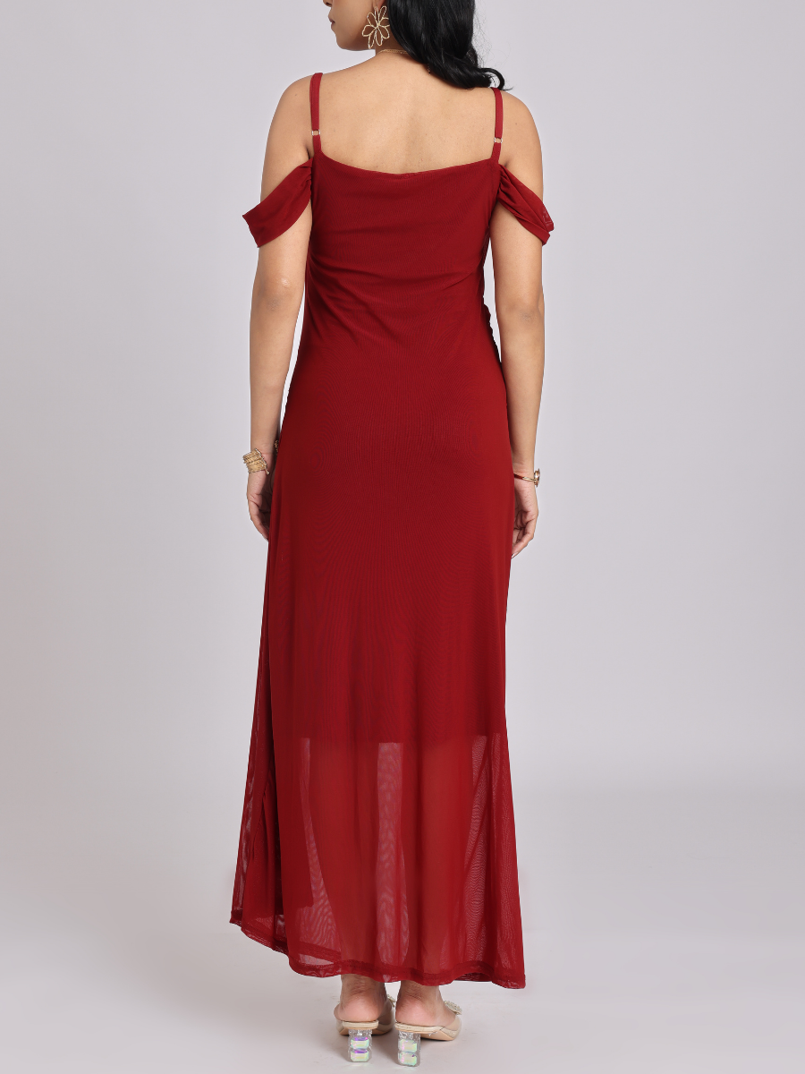 Maroon Red Draped Cold-Shoulder Maxi Dress