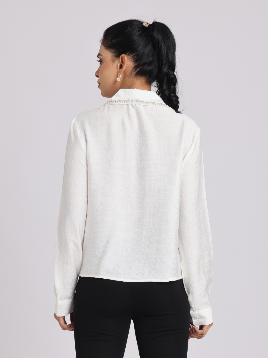 Pearl-Trim Luxe Satin Shirt - White