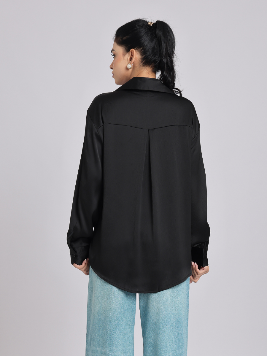 Premium Black Satin Long-Sleeve Shirt