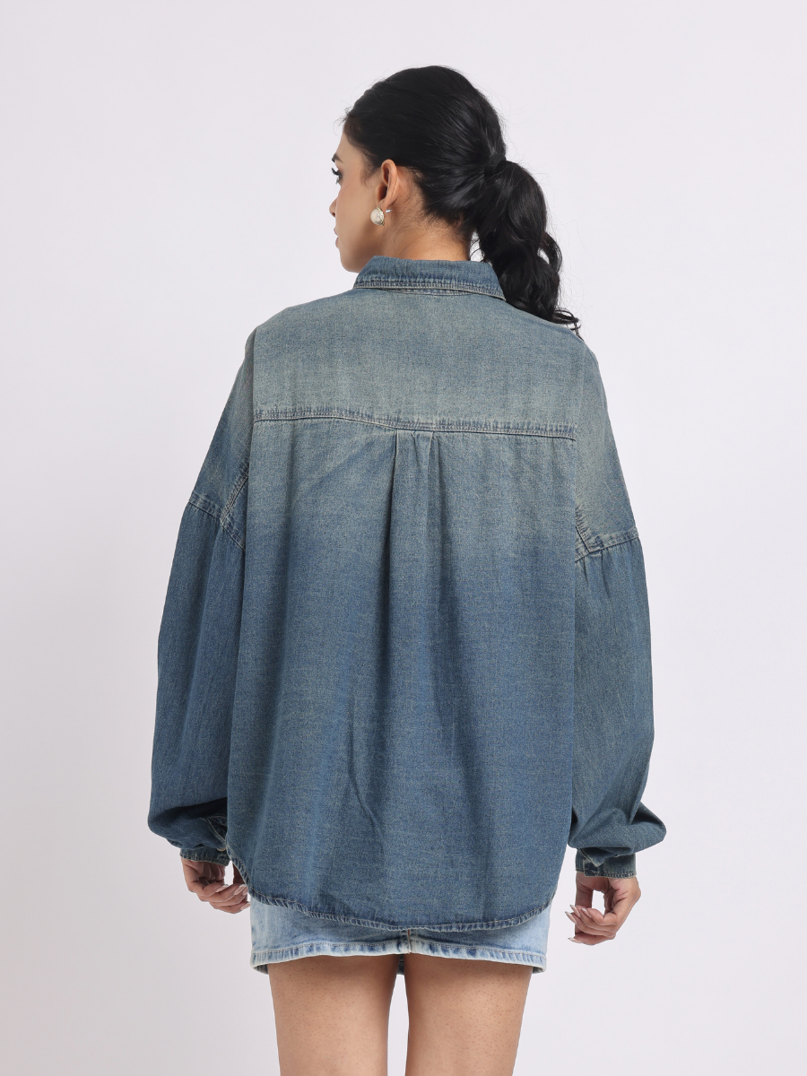 Oversized Mid Blue Denim Shirt with Dropped Shoulder