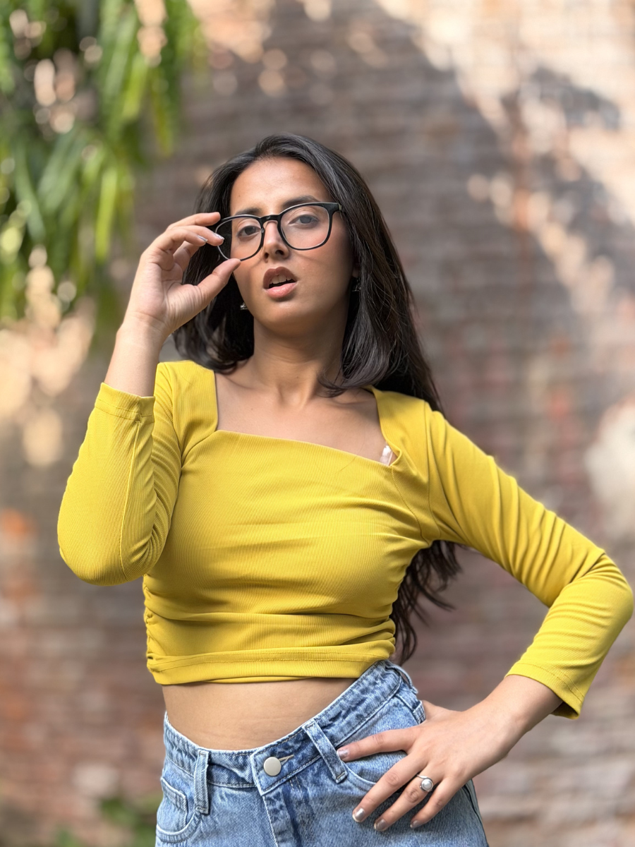 Mustard Yellow Side Elastic Ruched Crop Top