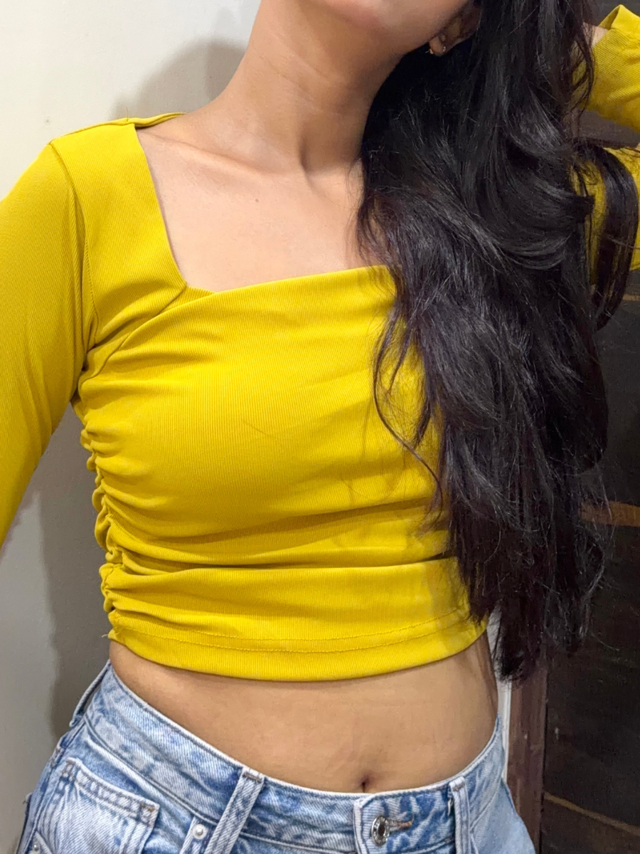 Mustard Yellow Side Elastic Ruched Crop Top