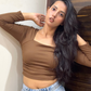 Brown Side Elastic Ruched Crop Top