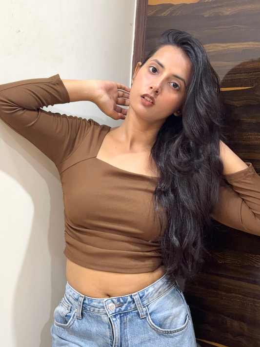 Brown Side Elastic Ruched Crop Top